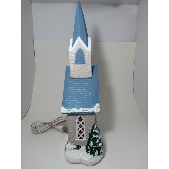 Vintage Ceramic Light Up winter Church Village Blue Steeple Stained Glass Look - Picture 13 of 16